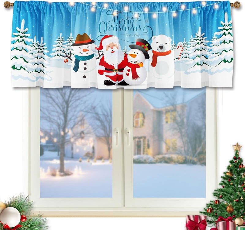 SUNWISHA Christmas Curtain Valances Decoration, Suitable for Living Rooms, Bedrooms, Short Curtains 52x18 Inches Snowman Santa Claus Kitchen Winter Scene Blue - Image 1